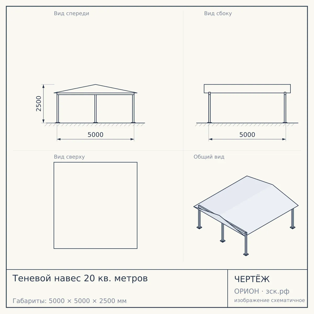 Теневой навес 20 кв. метров — чертёж